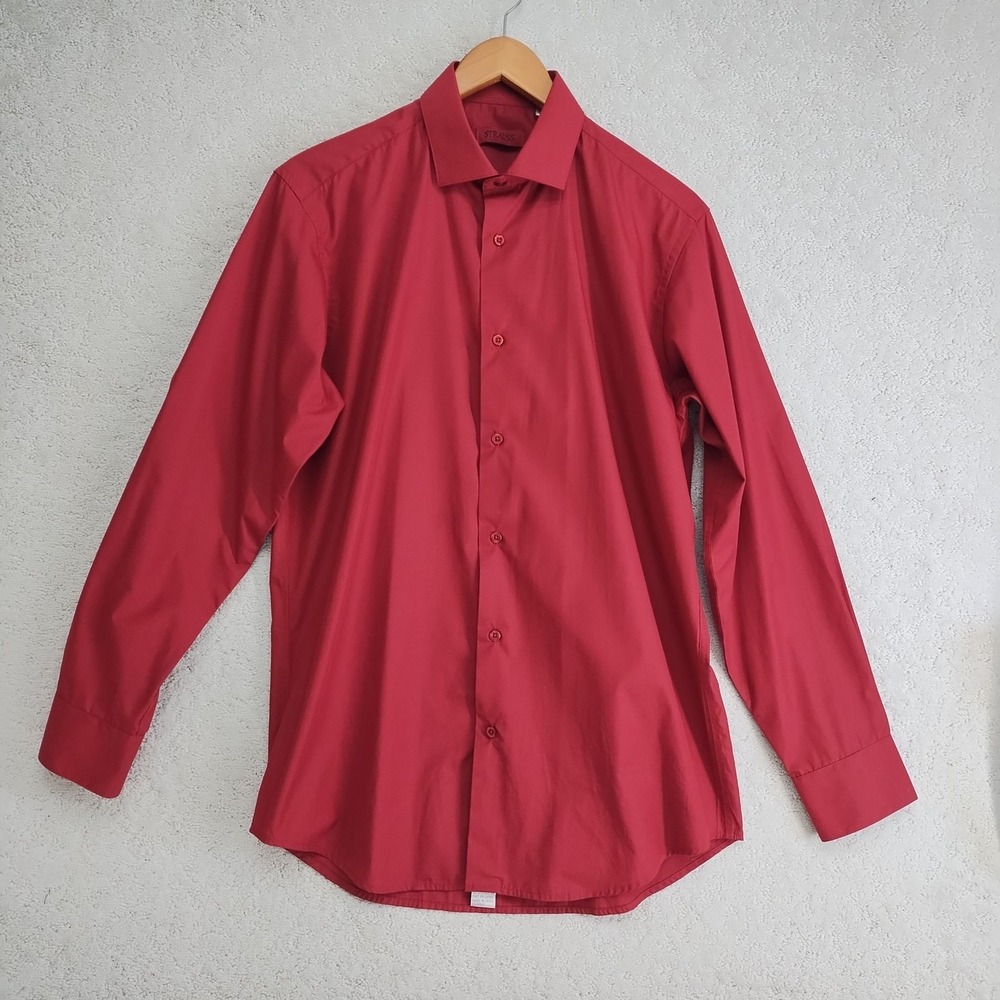 STRAUSS Dress Shirt Mens L 16 Long Sleeve Button Up Solid Red Cotton Blend